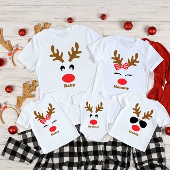 Rodina Vianoce Jeleň Tvár Zodpovedajúce Oblečenie Otecko Mama Brat Sestra T-shirt Dieťa Dieťa Romper Deti Tees Vianoce Prázdninový Darček