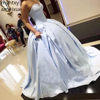 Sexy Svetlo Sky Blue Satin Plesové Šaty Prom Plus Veľkosť Večerné Šaty 2023 Vestido Fiesta Stručné Milú Dlho Formálne Šaty