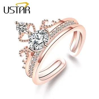 USTAR AAA Zirkón Koruny snubné Prstene pre ženy zapojenie prst midi krúžky ženské Šperky Anel Otvorenie nastaviteľná veľkosť 2ks/set