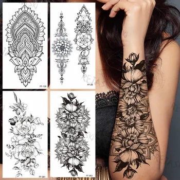 Veľké Čierne Mandala Dočasné Tetovanie Pre Ženy, Dievčatá Realistické Flóry Prívesok Henna Falošné Tetovanie Nálepky Rameno Telo Tatoos