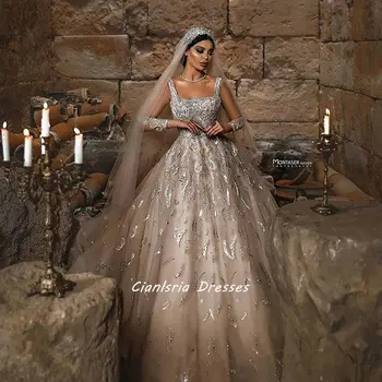 Vintage Námestie Golier Dlhý Rukáv Dubaj Plesové Šaty, Svadobné Šaty Crystal Diamanty Appliques Čipky Saudskej Arabčina Svadobné Šaty