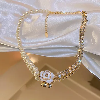 Vintage Sladkovodné Perly Vykladané Zirkón Náhrdelník pre Ženy Kvety Krku Reťaz Rose Obložené Luxusné Chokers 2022 Sladké Šperky