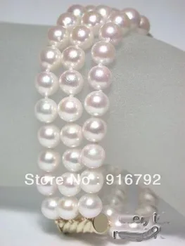zadarmo P&P 3row 8-9mm akoya AAA white pearl náramok šperky spona 7.5