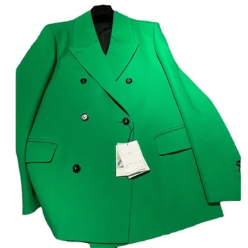 Zelené Sako Ženy 2022 s Drážkou Dlhý Rukáv Double-breasted Voľné Bežné Jednoduché Žena Coats Módne Lady Bundy Jarné N44